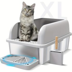 Extra Large Stainless Steel Cat Litter Enclosure - Secure, Spill-Proof Design for Big Cats - High-Walled, Non-Sticky & Anti-Leakage Metal Pan with Odor Control, Effortless Cleaning