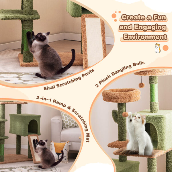 Costway 63" Cactus Cat Tree for Indoor Cats, Multi-level Cat Tower w/ Sisal Scratching Posts & Ladder, Double Condos & Padded Perches, Hanging Toys, Basket Bed, Modern Large Kitty Activity Center - Image 4