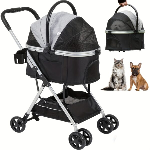 Dog Stroller 3-in-1 Foldable Gear For Small Medium Dogs, 4 Wheels Pet Stroller With Sturdy Metal Frame Storage Basket, Dog Carrier Trolley With Mesh Window One-Button Switch, Lightweight Travel System Christmas Halloween Pet Gift - Image 3