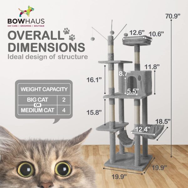 CAPHAUS Tall Cat Tree for Indoor Cats, Modern Cute 70-Inch Climbing Play Tower with Top Perch for Large Kittens, Multi-Level Cat Activity Tree w Scratching Posts, Hammock, Cat Cave Condo - Image 11