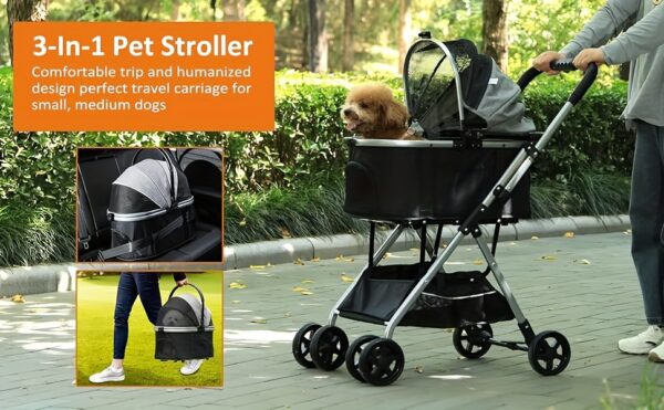 Dog Stroller 3-in-1 Foldable Gear For Small Medium Dogs, 4 Wheels Pet Stroller With Sturdy Metal Frame Storage Basket, Dog Carrier Trolley With Mesh Window One-Button Switch, Lightweight Travel System Christmas Halloween Pet Gift - Image 11