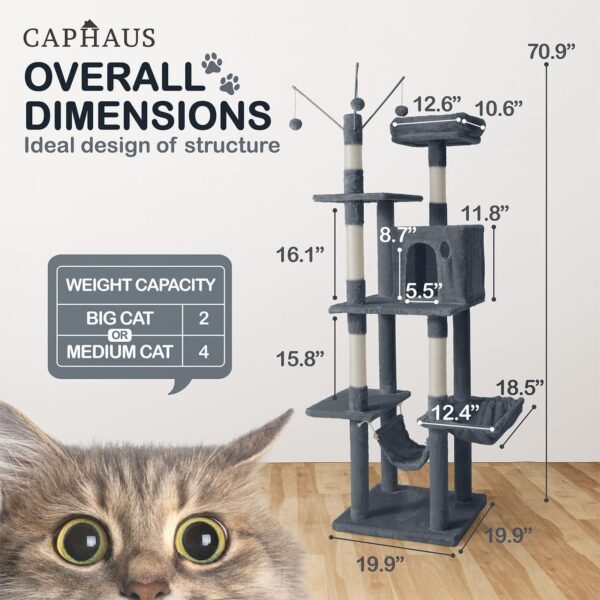 CAPHAUS Tall Cat Tree for Indoor Cats, Modern Cute 70-Inch Climbing Play Tower with Top Perch for Large Kittens, Multi-Level Cat Activity Tree w Scratching Posts, Hammock, Cat Cave Condo - Image 4