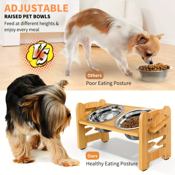 [2-Bowl Elevated Adjustable Dog Feeder] Elevated Adjustable Height Wooden Dog Feeder Stand with 2 Stainless Steel Bowls, Raised Dog Food And Water Bowls Stand for Neck Protection - Image 7
