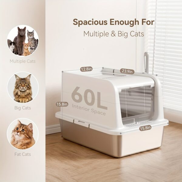 Stainless Steel Cat Litter Box Enclosure With Lid: Top Side 2-Door Large Litter Box - Enclosed & Open Adjustable Covered Metal Litter Pan: Anti-Leakage | Non-Sticky | Easy Clean | Deodorization | 24"x15"x15" - Image 2
