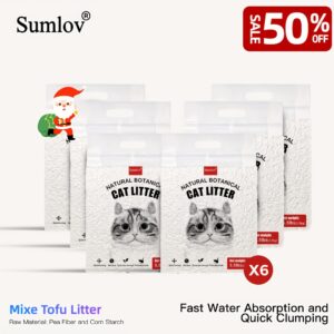 33lbs Dust-Free Sumlov Tofu Cat Litter, Natural Botanical, 5.5Lbs Each Pack, Flushable, Quick Clumping, Odor Control, Made From Pea Fiber And Corn Starch