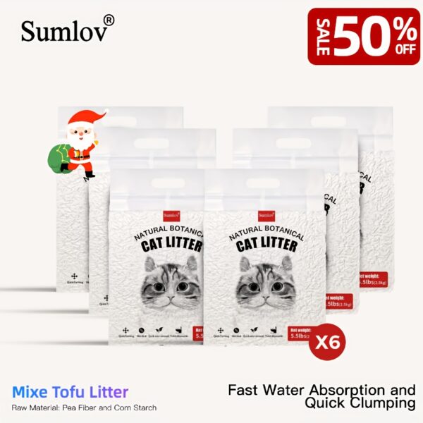 33lbs Dust-Free Sumlov Tofu Cat Litter, Natural Botanical, 5.5Lbs Each Pack, Flushable, Quick Clumping, Odor Control, Made From Pea Fiber And Corn Starch