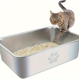 PTLOM Stainless Steel Cat Litter Box High SideCats Toilet Metal Kitten Litter Pan, Pet CleaningTool For Big And Small Cats, Rabbits, Splash-Proof And Non-Stick Cat Poop Box Odoress