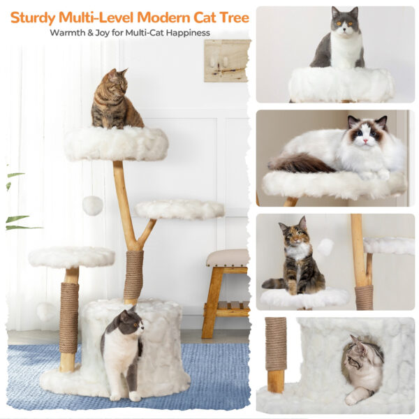 Modern Cat Tree Tower, Solid Wood Aesthetic Cat Tree for Indoor Cats with Top Cat Bed, Side Perch, Cat Condo, Scratching Posts, Cute Cloud Cat Tree for Large Cats, White - Image 7