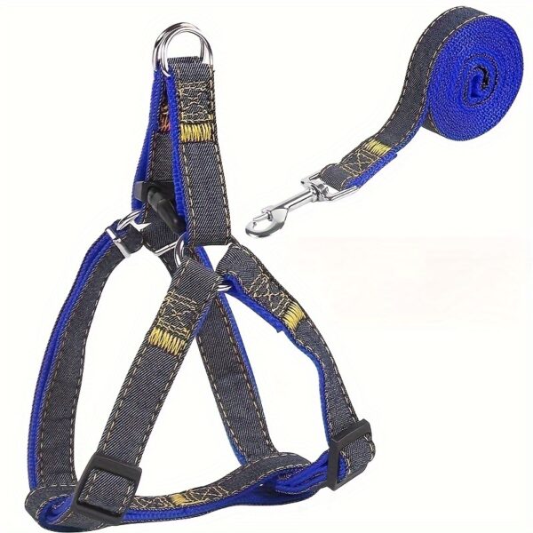 [Small to Large Adjustable Harness] Denim Dog Harness and Leash Set - Adjustable, Comfort Fit for Small to Large Breeds - Durable Polyester Material, Pulling Rope, Teddy - Image 7