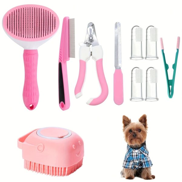 10-Piece Complete Pet Grooming Kit for Dogs and Cats - Includes Self-Cleaning Slicker Brush, Nail Clippers, File, Eye Comb, Flea Comb, Silicone Toothbrush, Shampoo Massage Brush and Stainless Steel Tools - Image 2