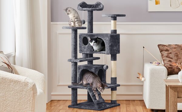Costoffs Cat Tree 54in/70in Cat Tower Condo with 2 Condos & 2 Dangling Balls & 3 Scratching Posts Large Cat House for for Kittens & Cats - Image 13