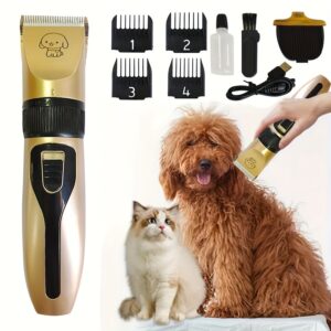 [Cordless Trimmer for Dogs & Cats] Whisper-Quiet Electric Pet Grooming Kit - USB Rechargeable, Cordless Trimmer for Dogs & Cats with Limit Combs, Professional Shaver Tool Set, Golden Finish - Ideal for All Hair Types, Home Pet Styling|Ergonomic Design|Met