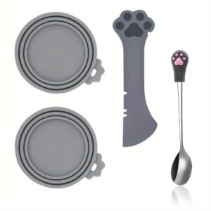 Cat Food Jar Spoon Storage 4 Pcs Lightweight Multifunctional Mini Scraper Pet Can Opener High Sealing Universal Silicone Pet Food Jar Lid Stainless Steel Wet Food Spoon for Cats and Dogs (Gray)