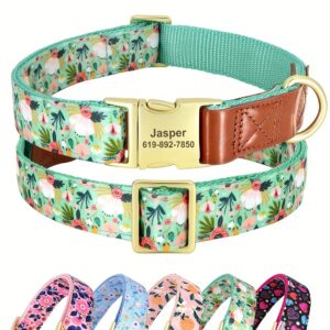 Customizable Floral Print Dog Collar, Durable Nylon Webbing with Padding, Personalized Golden Buckle, Accent for Small to Large Breeds
