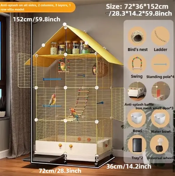 Bird Cage Parrot Cage White Yellow Three-layer Indoor Large Space Villa Style Splash-proof Solid Appearance Beautiful - Image 8