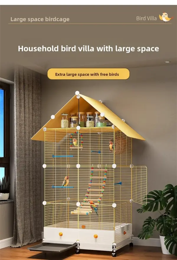 Bird Cage Parrot Cage White Yellow Three-layer Indoor Large Space Villa Style Splash-proof Solid Appearance Beautiful - Image 9