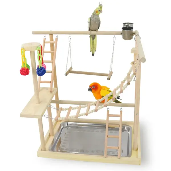 Wood Parrot Playground Lovebirds Playgym With Feeder Bird Playstand Bite Toy Bird Perches With Ladders Cockatiel Activity Center - Image 4