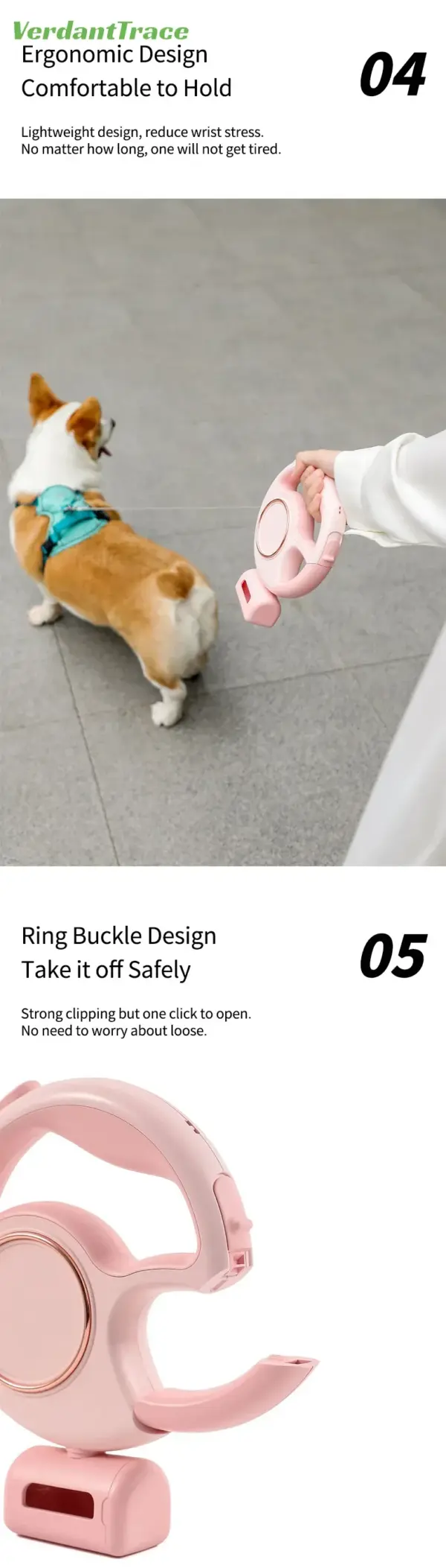 Retractable Dog Leash Reflective Rope Safety Release Built-in Poop Bag Holder Long Battery Life U-Shaped Safety Release for Pet - Image 24