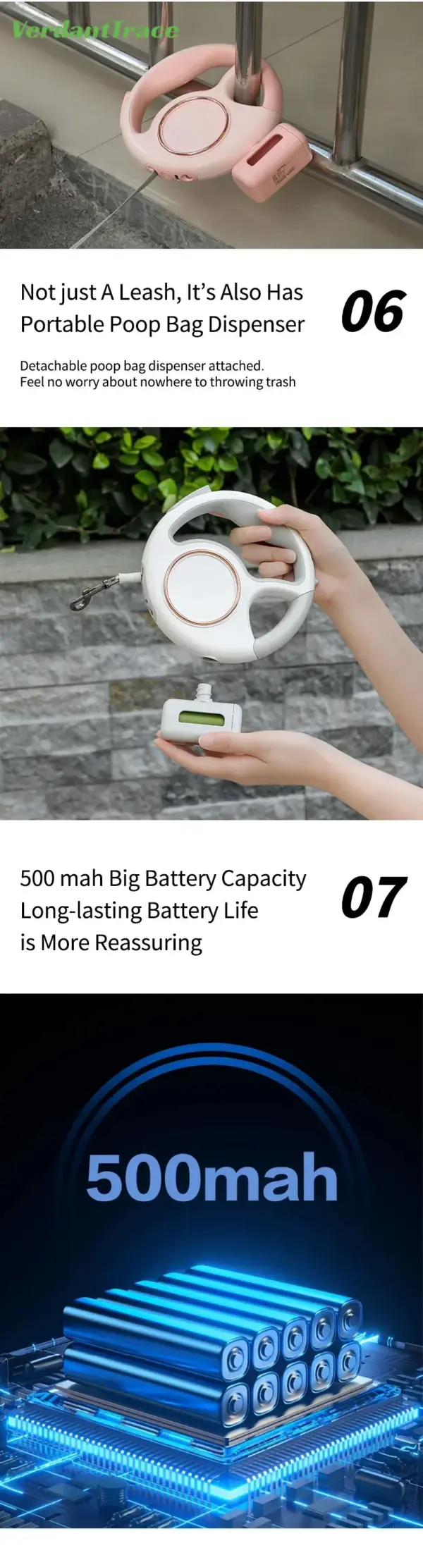 Retractable Dog Leash Reflective Rope Safety Release Built-in Poop Bag Holder Long Battery Life U-Shaped Safety Release for Pet - Image 26