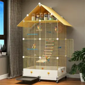 Bird Cage Parrot Cage White Yellow Three-layer Indoor Large Space Villa Style Splash-proof Solid Appearance Beautiful