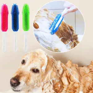 Dog Bathing Massage Brush Puppy Grooming Hair Remover Shower Combs Dog Soft Long Handle Bath Brush Cat Cleaning Accessories ﻿