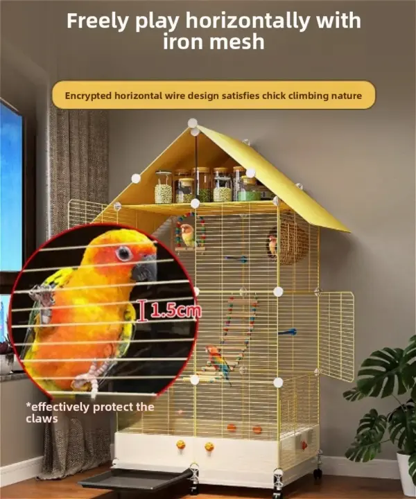 Bird Cage Parrot Cage White Yellow Three-layer Indoor Large Space Villa Style Splash-proof Solid Appearance Beautiful - Image 6