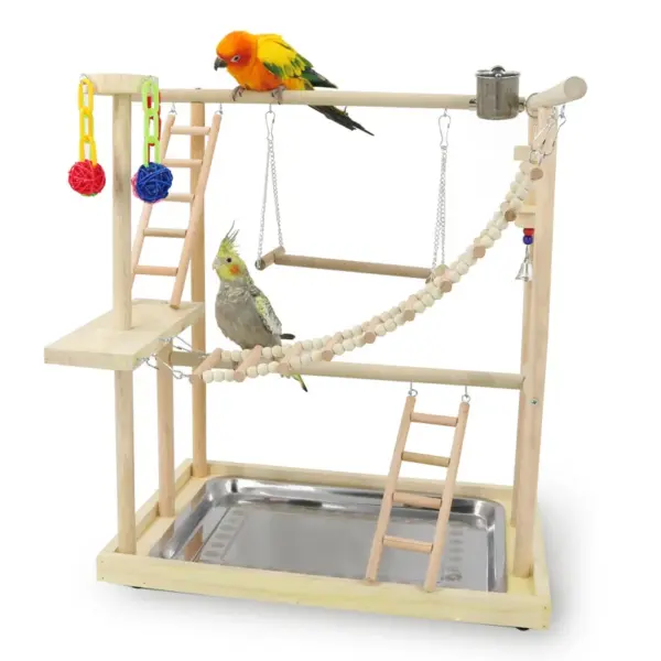 Wood Parrot Playground Lovebirds Playgym With Feeder Bird Playstand Bite Toy Bird Perches With Ladders Cockatiel Activity Center