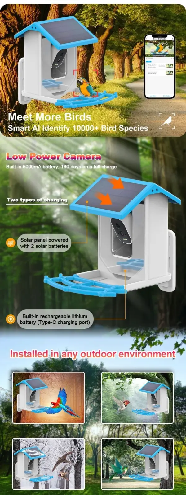 Smart Bird Feeder with Camera 1080P HD Camera Solar Panel Low Power Night Vision IPX6 Waterproof 4G or WIFI Connect - Image 13
