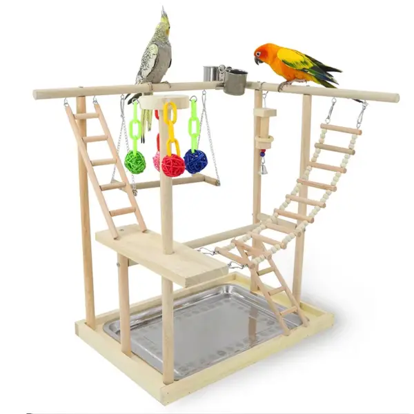 Wood Parrot Playground Lovebirds Playgym With Feeder Bird Playstand Bite Toy Bird Perches With Ladders Cockatiel Activity Center - Image 2