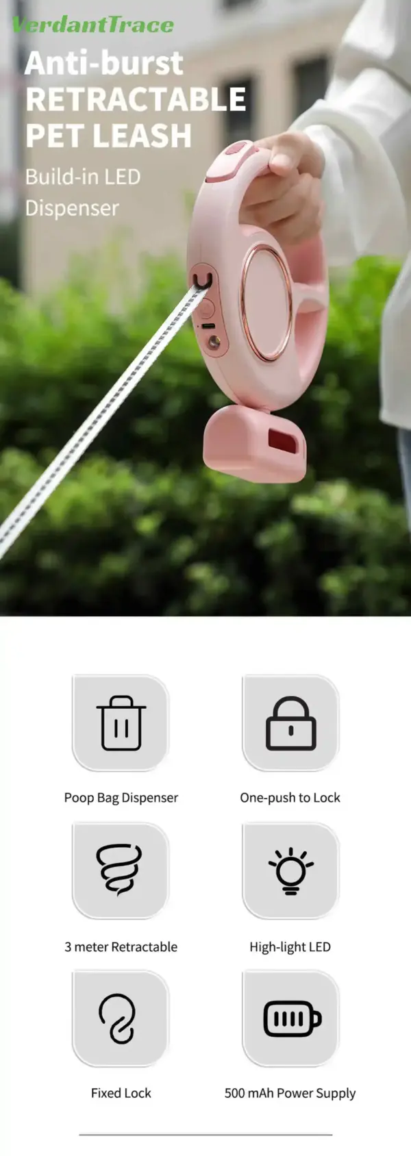 Retractable Dog Leash Reflective Rope Safety Release Built-in Poop Bag Holder Long Battery Life U-Shaped Safety Release for Pet - Image 17