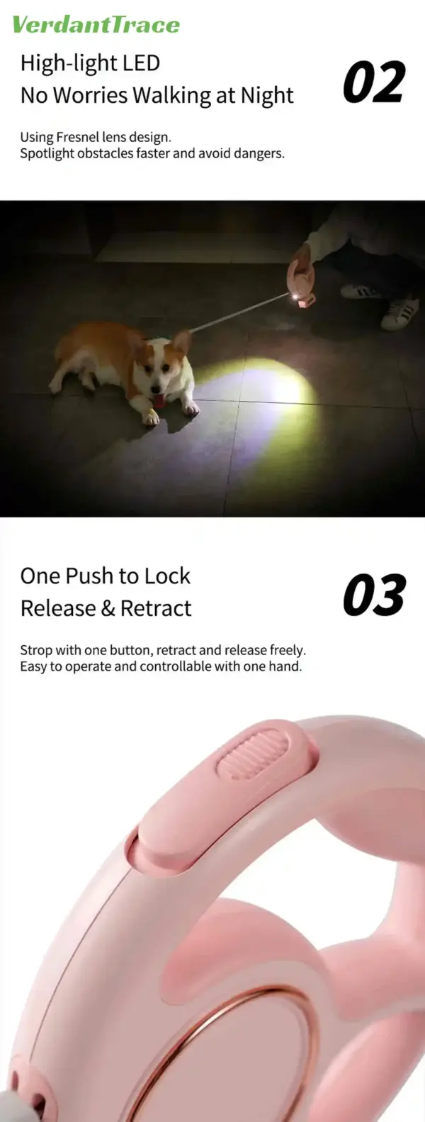 Retractable Dog Leash Reflective Rope Safety Release Built-in Poop Bag Holder Long Battery Life U-Shaped Safety Release for Pet - Image 21