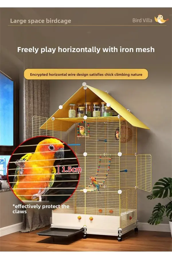 Bird Cage Parrot Cage White Yellow Three-layer Indoor Large Space Villa Style Splash-proof Solid Appearance Beautiful - Image 16