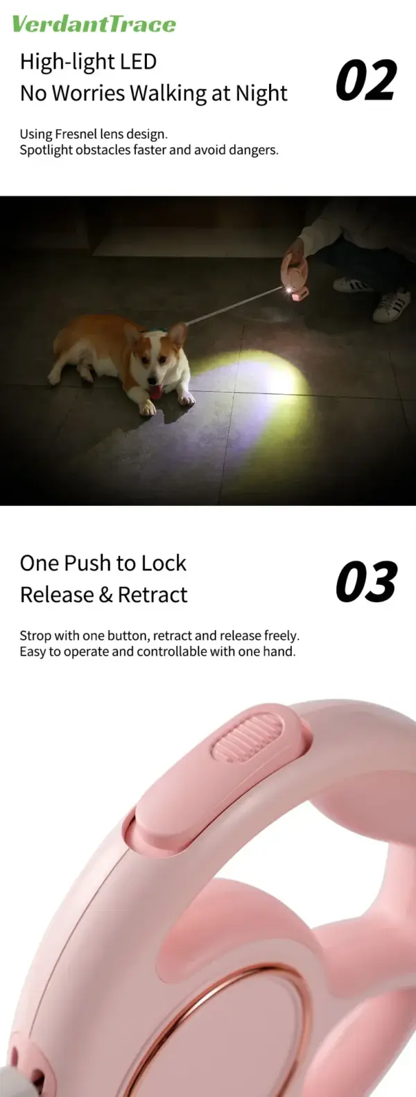 Retractable Dog Leash Reflective Rope Safety Release Built-in Poop Bag Holder Long Battery Life U-Shaped Safety Release for Pet - Image 20