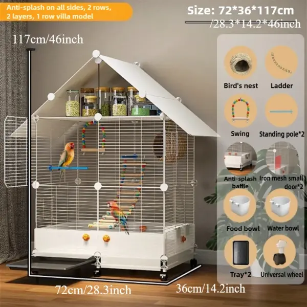 Bird Cage Parrot Cage White Yellow Three-layer Indoor Large Space Villa Style Splash-proof Solid Appearance Beautiful - Image 7