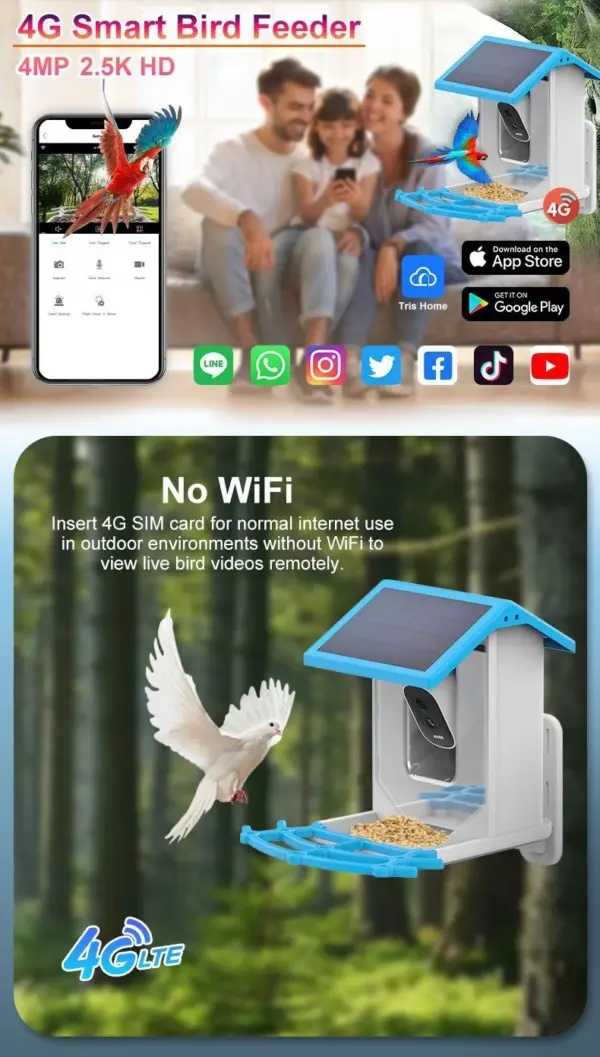 Smart Bird Feeder with Camera 1080P HD Camera Solar Panel Low Power Night Vision IPX6 Waterproof 4G or WIFI Connect - Image 11