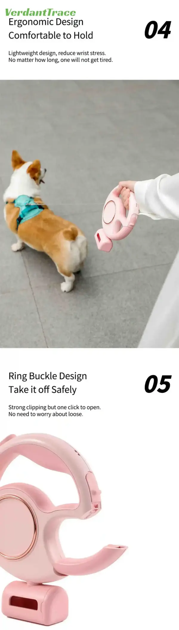 Retractable Dog Leash Reflective Rope Safety Release Built-in Poop Bag Holder Long Battery Life U-Shaped Safety Release for Pet - Image 25