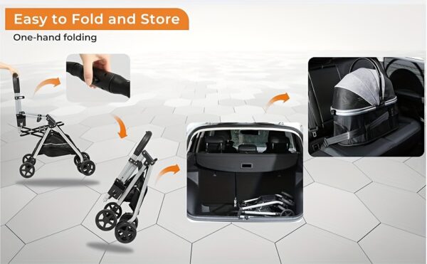 Dog Stroller 3-in-1 Foldable Gear For Small Medium Dogs, 4 Wheels Pet Stroller With Sturdy Metal Frame Storage Basket, Dog Carrier Trolley With Mesh Window One-Button Switch, Lightweight Travel System Christmas Halloween Pet Gift - Image 12