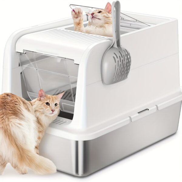 Stainless Steel Cat Litter Box Enclosure With Lid: Top Side 2-Door Large Litter Box - Enclosed & Open Adjustable Covered Metal Litter Pan: Anti-Leakage | Non-Sticky | Easy Clean | Deodorization | 24"x15"x15" - Image 4