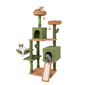 Costway 63" Cactus Cat Tree for Indoor Cats, Multi-level Cat Tower w/ Sisal Scratching Posts & Ladder, Double Condos & Padded Perches, Hanging Toys, Basket Bed, Modern Large Kitty Activity Center