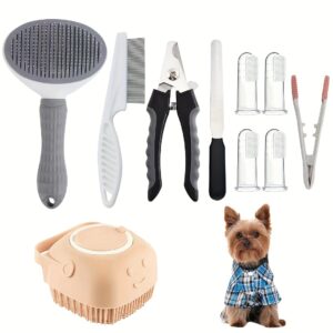 10-Piece Complete Pet Grooming Kit for Dogs and Cats - Includes Self-Cleaning Slicker Brush, Nail Clippers, File, Eye Comb, Flea Comb, Silicone Toothbrush, Shampoo Massage Brush and Stainless Steel Tools