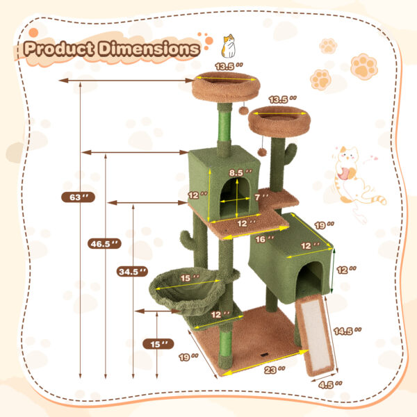 Costway 63" Cactus Cat Tree for Indoor Cats, Multi-level Cat Tower w/ Sisal Scratching Posts & Ladder, Double Condos & Padded Perches, Hanging Toys, Basket Bed, Modern Large Kitty Activity Center - Image 2