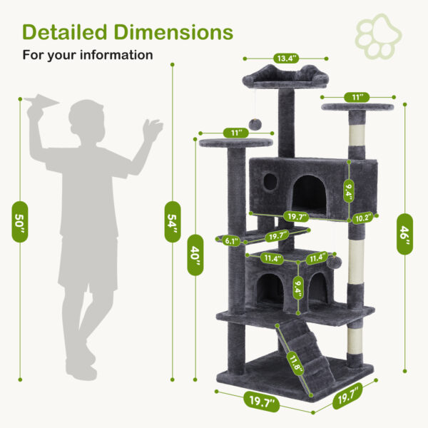 Tall Tower for Indoor Cats - 54-inch Multi-Level Cat Tree, Pet Kitty Play Fun House with Spacious Condo, Natural Sisal Scratching Post, Easy Climbing Ladder, and Dangling Toy for Kittens and Cats - Image 14
