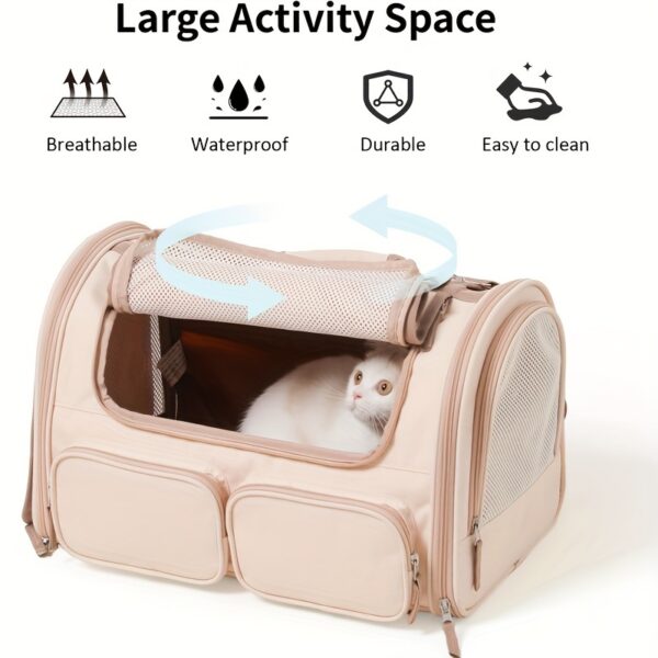 Cat Carrier, 4 Mesh Windows Small Dog Carrier, 4 Storage Pockets Cat Travel Bag, Under 44 lb Airline Approved Pet Carrier, Rollable Cover for Nervous Cats, Pink - Image 5