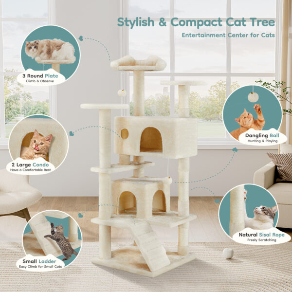 Tall Tower for Indoor Cats - 54-inch Multi-Level Cat Tree, Pet Kitty Play Fun House with Spacious Condo, Natural Sisal Scratching Post, Easy Climbing Ladder, and Dangling Toy for Kittens and Cats - Image 10