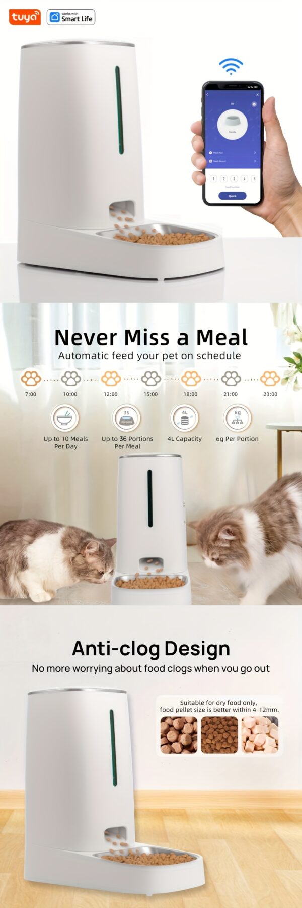 4L High-Capacity Tuya Smart Automatic Pet Feeder - WiFi Remote Control, Up to 10 Meals per Day, 36 Portions per Meal, Timely and Accurate Feeding - Suitable for 0.16-0.47 inch Diameter Dry Food, Single and Double Bowls Options, Perfect for Cats and Dogs - Image 15