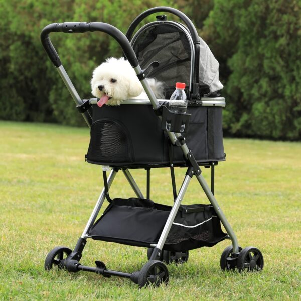 Dog Stroller 3-in-1 Foldable Gear For Small Medium Dogs, 4 Wheels Pet Stroller With Sturdy Metal Frame Storage Basket, Dog Carrier Trolley With Mesh Window One-Button Switch, Lightweight Travel System Christmas Halloween Pet Gift - Image 6