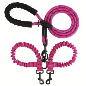 Two Dog 360 Swivel No Tangle Double Shock Absorbing Reflective Bungee Training Leashes, Double Dog Leashes for Walking