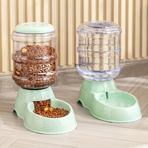 A Set Of Automatic Pet Feeders And Drinkers - High Capacity, Gravity Supply, Battery-free Plastic Feeding And Drinking Stations For Cats And Dogs