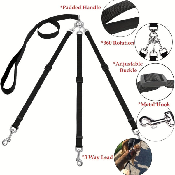 3-Way Dog Leash | Adjustable Nylon Seat Belt for Car Travel, Hiking & Camping | No-Pull Design with Comfort Grip Handle | Multi-Color Options | Secure Clip Attachment for Safe Outdoor Walks, Car Safety Gear | Comfortable Grip Leash | Durable Nylon Leash - Image 2