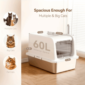 Stainless Steel Cat Litter Box Enclosure With Lid: Top Side 2-Door Large Litter Box - Enclosed & Open Adjustable Covered Metal Litter Pan: Anti-Leakage | Non-Sticky | Easy Clean | Deodorization | 24"x15"x15"